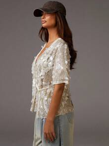 Athîral 女士亮片侧开衩宽松短袖时尚衬衫，优雅女士衬衫，毕业典礼，夏季假期 - 白色 - 查看 5