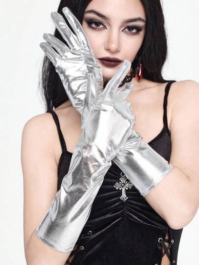 ROMWE Grunge Punk 1 Pair Of Silver Punk Gloves, Cyber Style Mittens, Long Gloves For Stage Performances And Parties.
