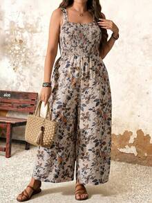 SHEIN CURVE+ 大码女式宽肩带方领连体裤，适合度假和户外活动穿着 - 彩色 - 查看 3