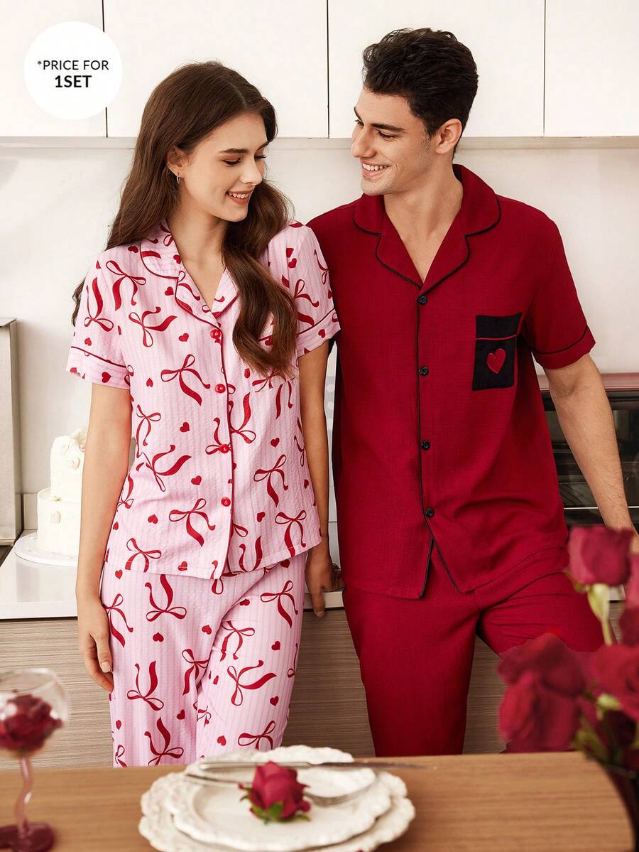 CoupledUp Contrast Color Heart Embroidery Pocket Men's Polo Collar Short Sleeve Pajama Set - Burgundy - View 1