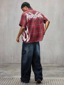 HOT STUFF X SHEIN Men's Casual Plaid Cartoon Embroidered Short Sleeve Shirt, Summer - Burgundy - View 5