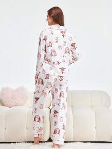 Bonmuse 2件組女款睡衣套裝，秋冬適用，柔軟舒適，包含長袖蝴蝶結印花上衣、領口設計與長版鬆緊腰長褲，適合居家休閒、派對、假日穿著 - 彩色 - 查看 3