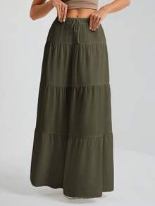 SHEIN Tall 白色梭织女式大下摆白色衬里半身裙，适合度假和外出穿着 - 橄欖綠 - 查看 4