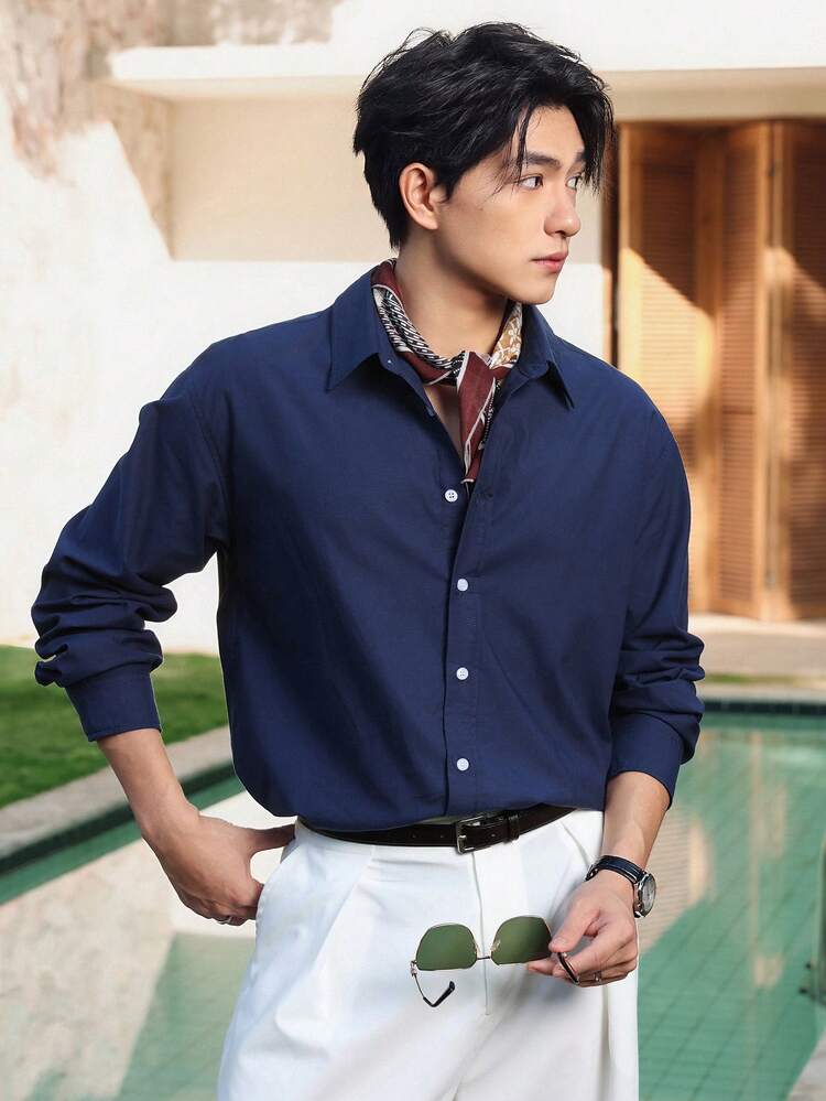 Men's Casual, Business, Commuting Solid Color Long Sleeve Loose Fit Shirt, Spring/Autumn