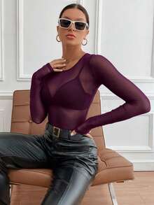 SHEIN Tall 女士性感纯色透视网纱长袖修身衬衫 - 中紫紅色 - 查看 6