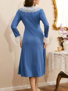 Côtesoire French Elegant Long Nightgown With Ruffled Lace Patchwork, Loose French Romantic Lace Patchwork Nightdress For Women - Dusty Blue - View 2
