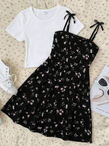 SHEIN Set Gaun Camisole dan Kaos Lengan Pendek Motif Bunga Kecil Kasual Musim Panas untuk Anak Perempuan Remaja - Hitam dan Putih - View 5
