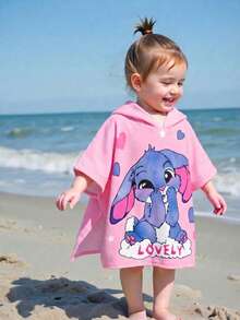 SHEIN 女婴可爱休闲粉色卡通图案连帽宽松泳衣罩衫