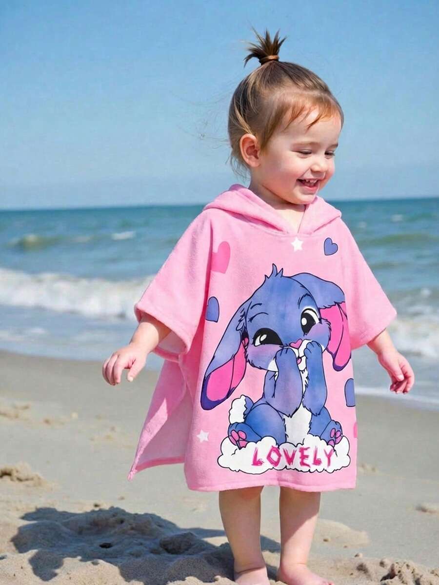SHEIN 女婴可爱休闲粉色卡通图案连帽宽松泳衣罩衫