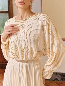 Anewsta 仿珍珠刺绣圆领褶裥优雅长袖连衣裙 - 杏色 - 查看 1