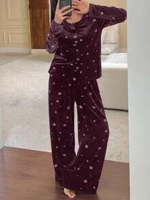 DAZY 2件套女士星形印花丝绒长袖开衫和长裤睡衣套装，秋冬款 - 淺灰紫 - 查看 5