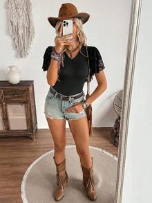 LanaWest Women's Casual Black V-Neck Contrast Lace Ruffle Hem Short Sleeve T-Shirt, Spring/Summer - Black - View 5