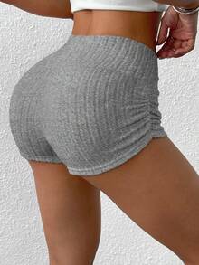 SHEIN EZwear 夏季休闲纯色针织褶皱修身短裤 女士针织短裤 提臀短裤 女士弹力短裤 灰色短裤 女士性感短裤 女士短裤 夏季女士短裤 女士休闲紧身短裤 - 灰色 - 查看 7
