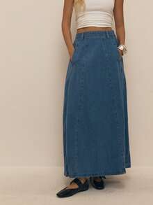 ATUI Studio Váy denim dài chữ A giản dị có túi trang trí cho nữ - Màu xanh lam - Xem 4