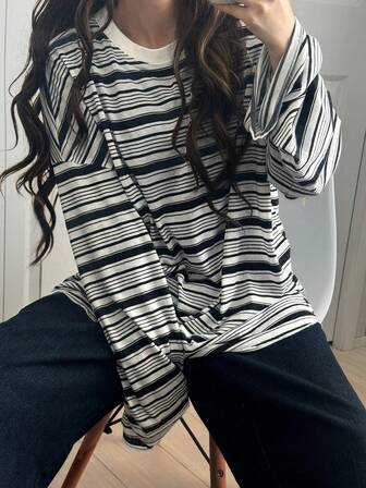 FRIFUL Camiseta de manga larga con cuello redondo, de corte holgado y con rayas de colores para mujer