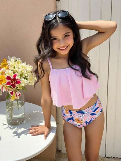SHEIN Girls Tie-Dye Print 2 Pieces Swimsuit, Casual Beach/Pool/Surfing Camisole Tankini, Spring/Summer