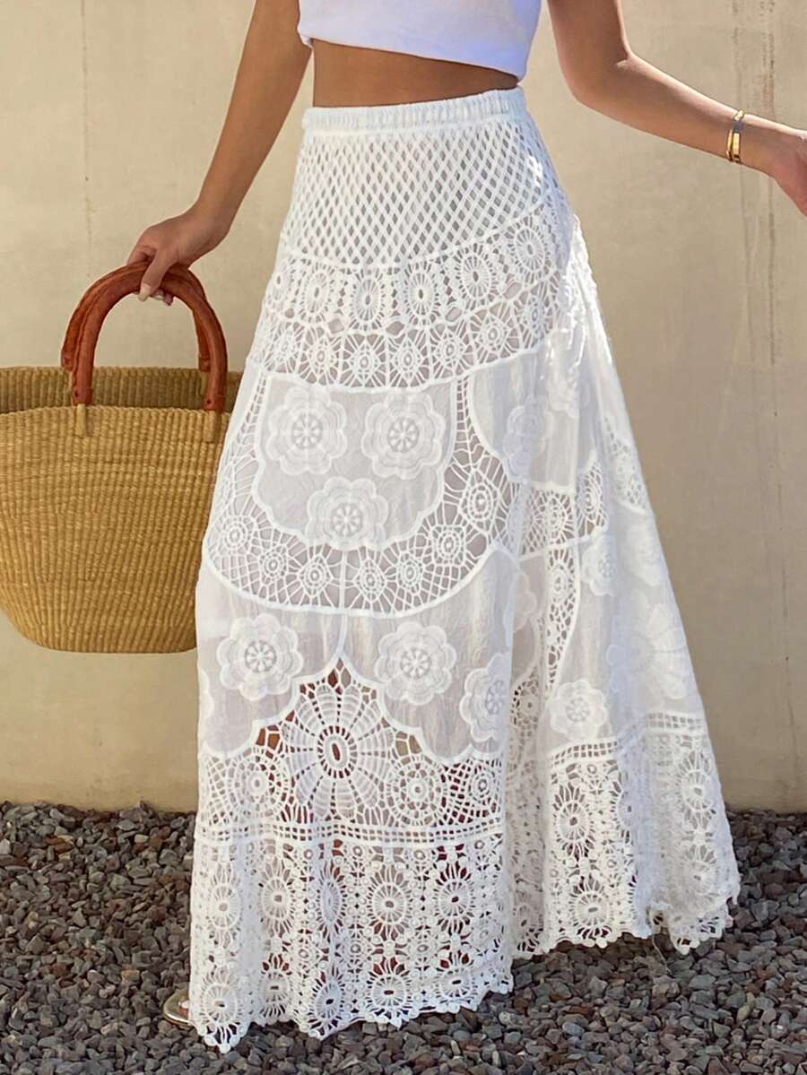 Livesso Lightweight Hollow Knit Crochet White Skirt, Elegant Bohemian Style For Beach, Wedding, Casual, Commute, Spring/Summer - White - View 1