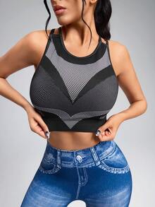 Innovista Summer Fashion Breathable Contrast Color Round Neck Cropped Sports Tank Top Seamless Bra Black/Grey Jacquard Sports Bra Women, Removable Pads, Adjustable Cross Back Straps , Breathable Mesh Knit, Medium-High Support Sculpting | Gym HIIT Yoga Pilates | Gymtok Athleisure - Black and White - View 14