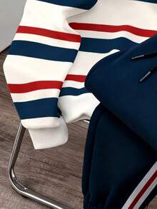 Manfinity Joysei Men's Striped Crew Neck Sweatshirt Set, Knit Fabric, Long Sleeve Casual College Style Patchwork Design, Men's Sportswear, Spring - Multicolor - View 3