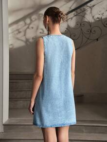 Selenza Women's Rhinestone Cutout Design Sleeveless Denim Dress - Blue - View 2