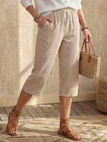 Faunlyn Quần dài vừa phải thắt eo màu trơn cho nữ, mặc thường ngày - Màu Khaki - Xem 5