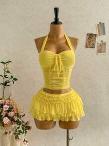 Soleia 女士度假浪漫雪纺褶皱吊带背心，蝴蝶结系带吊带露背上衣，适合海滩、海边、性感、约会、海滩度假、假日下午茶、婚礼季、海滨游轮度假、都市度假、波西米亚风度假、音乐节、嬉皮西部风等场合，可内穿或外穿，适合所有季节，日常通勤黄色上衣，情人节创意，狂欢节。 - 鵝黃色 - 查看 7