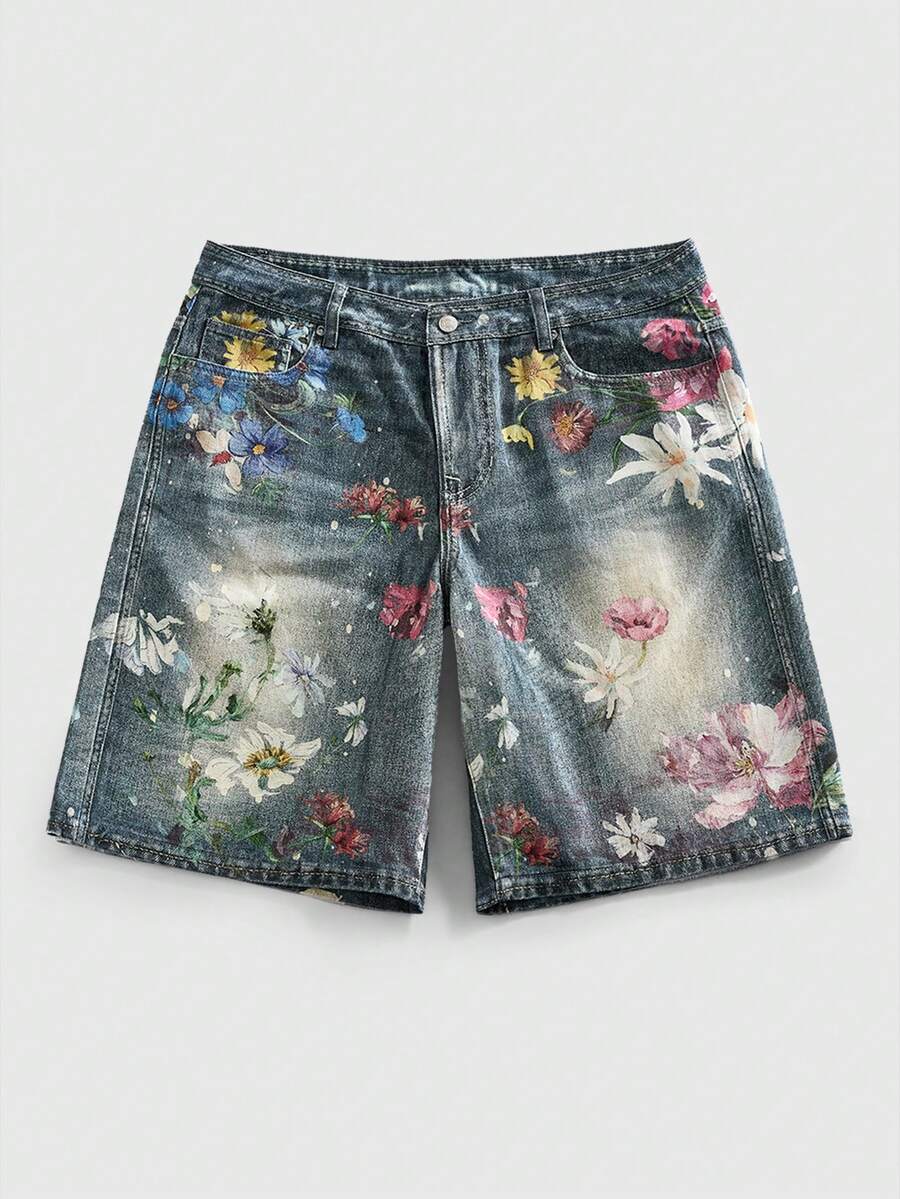 ROMWE MEN Quần short denim nam dáng casual, túi xéo, in họa tiết hoa, thích hợp mặc mùa hè. - Màu xanh lam - Xem 1