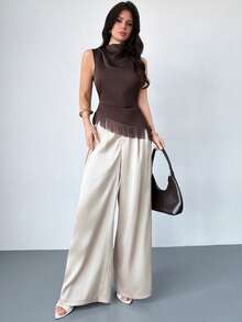 Firerie Women's Elegant Casual Everyday/Commute/Vacation Bohemian Sleeveless Top, Brown Satin Pleated Collar Sleeveless Asymmetrical Fringe Hem Fitted Women's Tank Top, Elegant, Chic, Vacation, Versatile, Teacher, Women's Tank Top - Brown - View 7