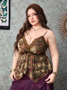 ROMWE Camiseta sin tirantes y top de tirantes de talla grande con bajo asimétrico, estilo hippie bohemio de vacaciones, top de tirantes casual retro con estampado - Multicolor - Ver 5