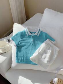 Set 2pcs Baju Bayi Laki-laki/Perempuan Atasan Pullover Lengan Pendek Kerah Polo Warna Kontras dan Celana Pendek Warna Polos dengan Pinggang Elastis - Biru - View 5