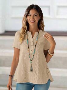 EMERY ROSE 女士夏季棉质刺绣V领短袖衬衫 - 杏色 - 查看 3