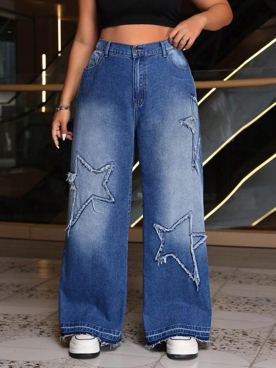 SHEIN EZwear 大码做旧拼接设计牛仔裤 - 中等水洗藍 - 查看 1