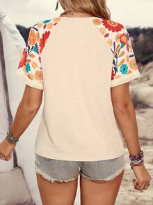 LanaWest T-shirt ample à manches courtes, col rond, en tricot, avec patchwork floral, pour femmes, style western décontracté. Coupe régulière, avec franges, pour festival de musique - Nude - Voir 2