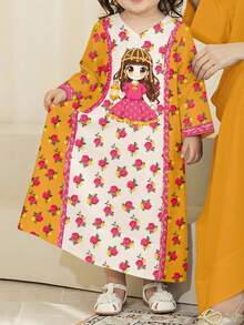 SHEIN White & Yellow, Cute Elegant Fashion Contrast Color Udan Rose Pattern Print, Prayer Abaya, Baby Girls Casual Minimalist Round Neck Loose Traditional Long Sleeve Arabic Robe Dress Suitable For Spring/Summer, Elegant Fashion Long Sleeve Maxi Dress, Baby Girl Prayer Abaya, Easy Comfort, Casual Wear, Modest Kaftan, Baby Girl Jalabiya, New Style, Floral Baby Girls Jalabiya - Multicolor - View 5