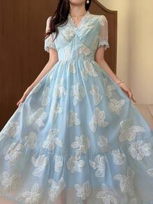 DAZY 春夏优雅蕾丝拼接中长连衣裙，刺绣设计，修身剪裁，收腰设计，适合休闲、约会、婚礼、派对等场合穿着。 - 藍色 - 查看 6