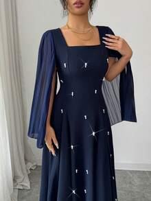 Modelyn Women's Square Neck Pleated Long Sleeve Cinched Waist A-Line Beaded Elegant Party Mid-Length Dress - Blue - View 3
