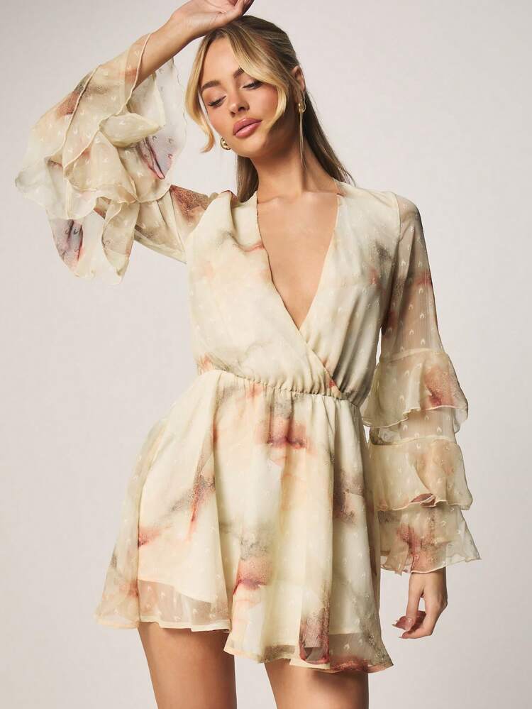 MISSGUIDED Floral Printed V-Neck Long Sleeve Mini Wrap Dress With Layered Ruffle Sleeves For Party Occasions
