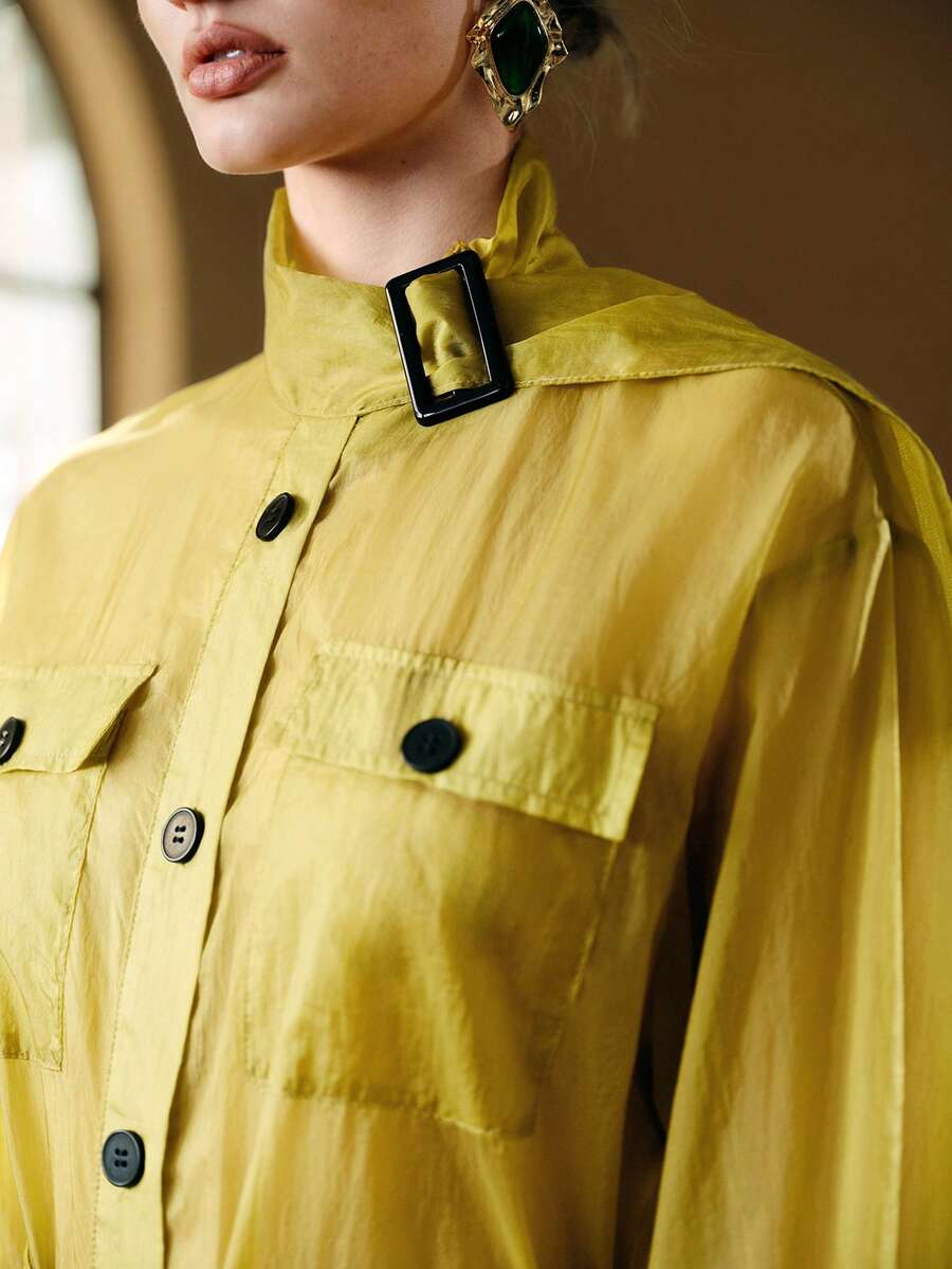 SHEIN Revavyn Women's Lightweight Trench Coat/Dress Made Of Glossy Nylon Fabric, Featuring A Stand-Up Collar, Wide Shoulders, Long Sleeves, A Full Row Of Buttons, And Cargo Pockets. Ideal For Everyday Wear And Commuting Valentine Outfits For Women Valentine's Day Vacation Outfits Women Holiday Outfits For Women Casual Dresses For Women - Green - View 1