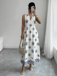 Rafferiza New V-Neck Sleeveless Printed Casual Vacation Dress - Apricot - View 6