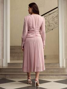 ZEYLAH Elegant Waist Cinched Midi Sleeve Round Neck Dress, Resort Style, Spring/Summer - Pink - View 3