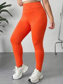 SHEIN EZwear Plus Size Solid Color Elastic High Waist Skinny Leggings - Orange - View 4