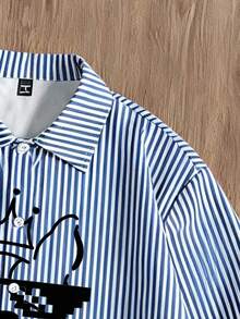 Manfinity Joysei Camisa casual de manga corta con ajuste holgado y rayas azules con estampado divertido de perro, para primavera - Azul - Ver 4