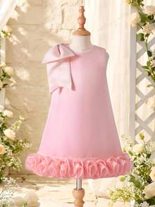 Glamorique Kids 小女孩花童伴娘礼服，圣诞节、婚礼、花童，大蝴蝶结，派对表演，适合正式场合、舞台、钢琴演奏 - 粉色 - 查看 3