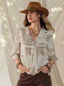 Wildy Áo kiểu nữ phong cách BOHO miền Tây nước Mỹ cổ điển in hoa, kiểu dáng cơ bản mặc hàng ngày, đi làm, tay lỡ 3/4, thích hợp mặc thường ngày mùa xuân/hè hoặc đi nghỉ mát. - Màu be - Xem 5