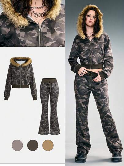 Grunge Punk Y2K Camo Print Hoodie And Sweatpants 2 Pieces Set For Women