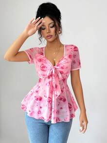 Elenzga 新款印花网纱透视短袖系带蝴蝶结设计休闲优雅女式T恤 - 彩色 - 查看 5