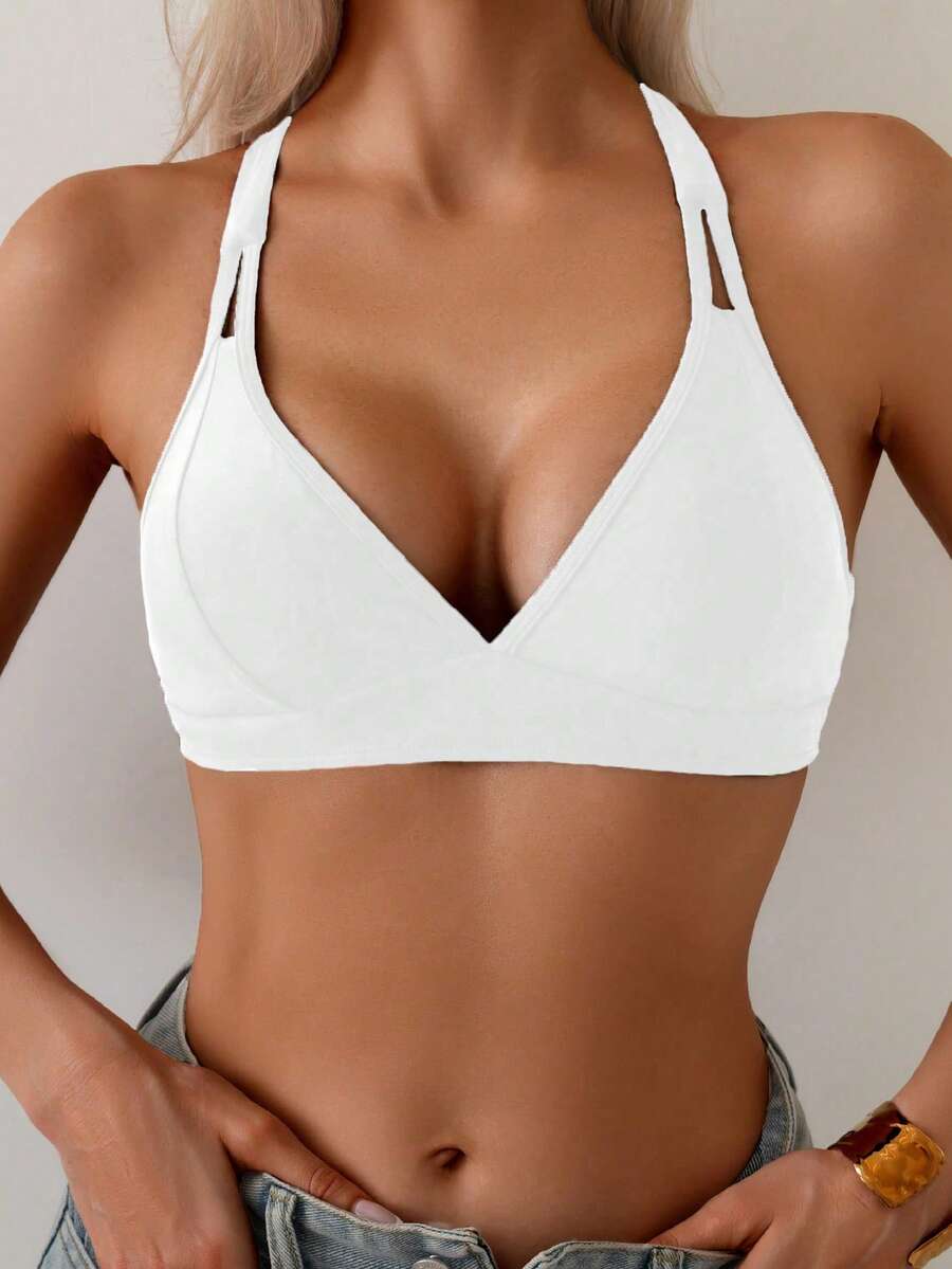 SHEIN Swim 女士纯色交叉后背带简约休闲比基尼上衣 - 白色 - 查看 1