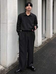 DAZY Men's Black Striped Shirt And Pants Suit, Commuter Wear For Spring And Autumn - Black - View 4