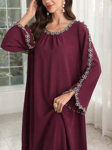 Lacomfia 女士休闲纯色蕾丝边宽松圆领长袖中长连衣裙，春秋季 - 酒紅色 - 查看 5