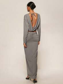 ATUI Studio Ensemble top dos nu et jupe de couleur unie sexy pour femmes - Gris - Voir 2